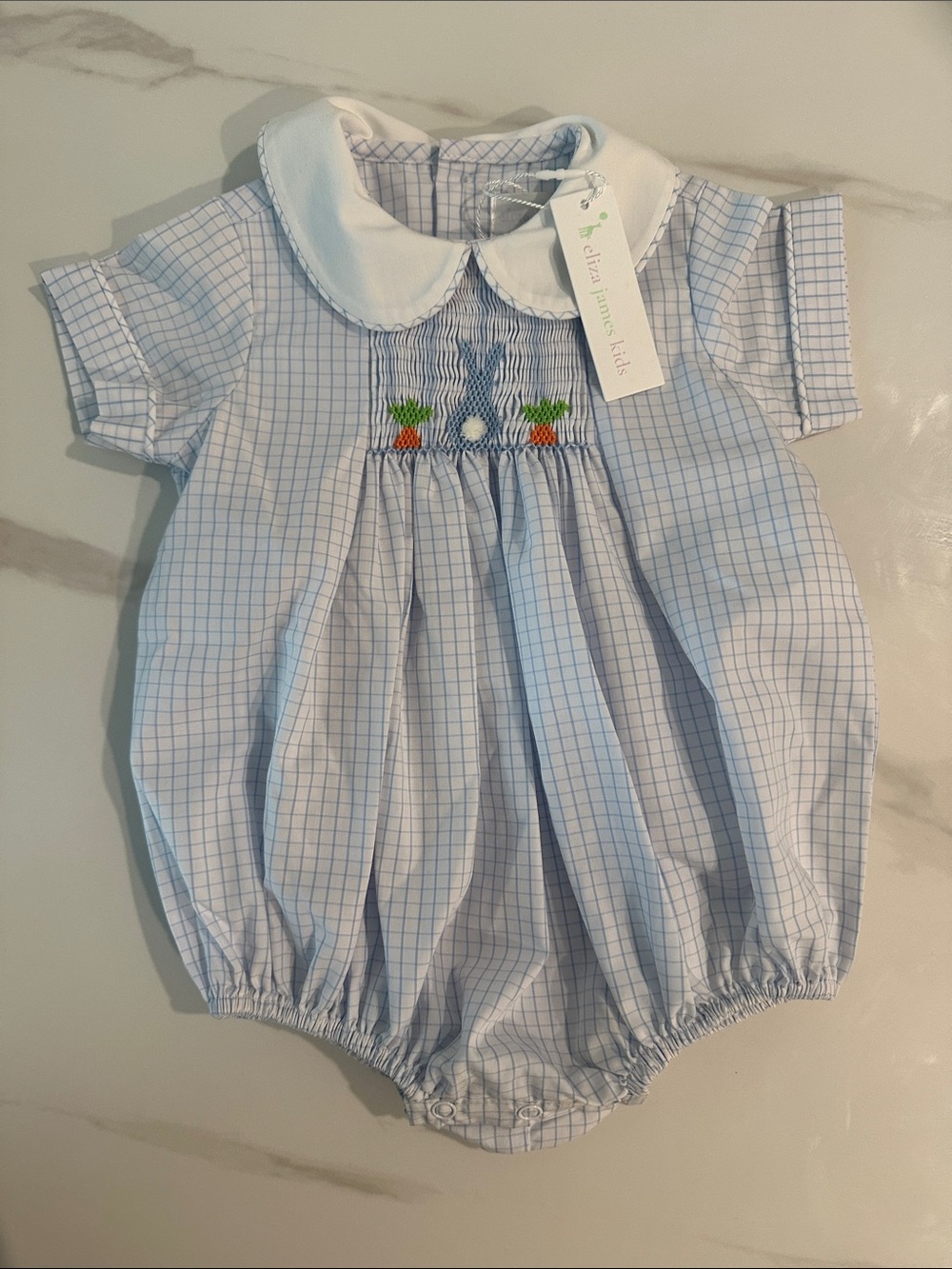 Blue Gingham Smocked Baby Bubble Romper with Carrot Embroidery